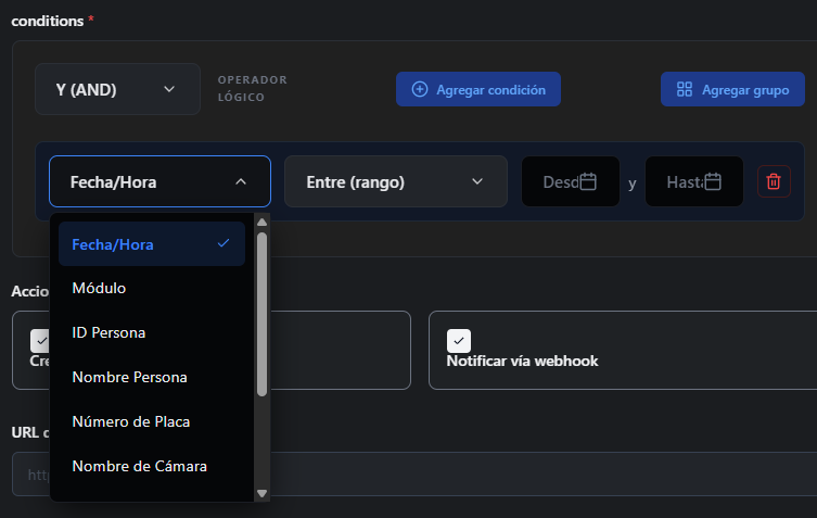 Grupos lógicos, acciones y webhook