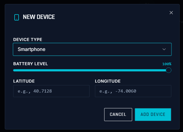 Formulario New Device con tipo, batería y coordenadas