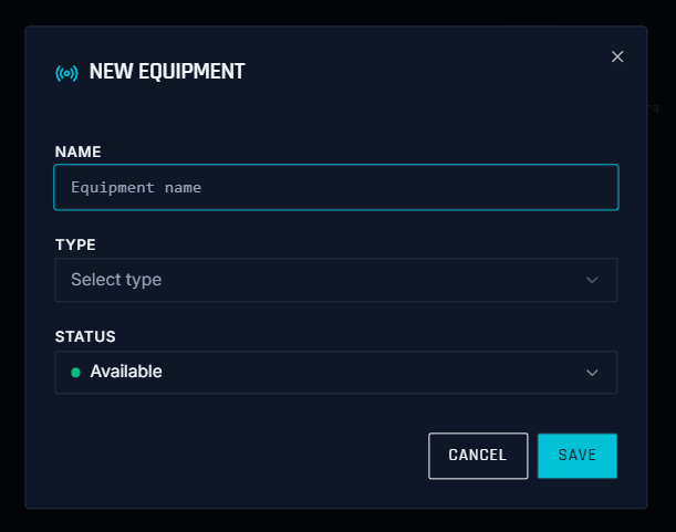 Formulario New Equipment con nombre, subtipo y estado