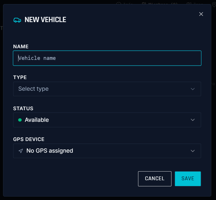 Formulario New Vehicle con nombre, subtipo, estado y GPS opcional