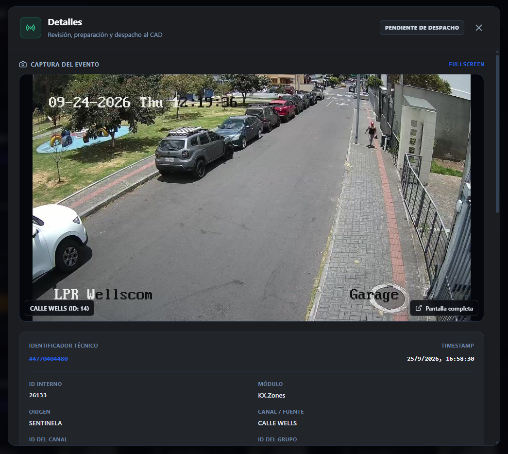 Event detail modal showing the capture, event identity, timestamp, camera, location, attributes, and dispatch area