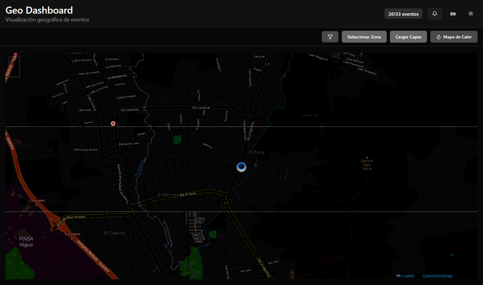 Vista de referencia del evento seleccionado en Geo Dashboard