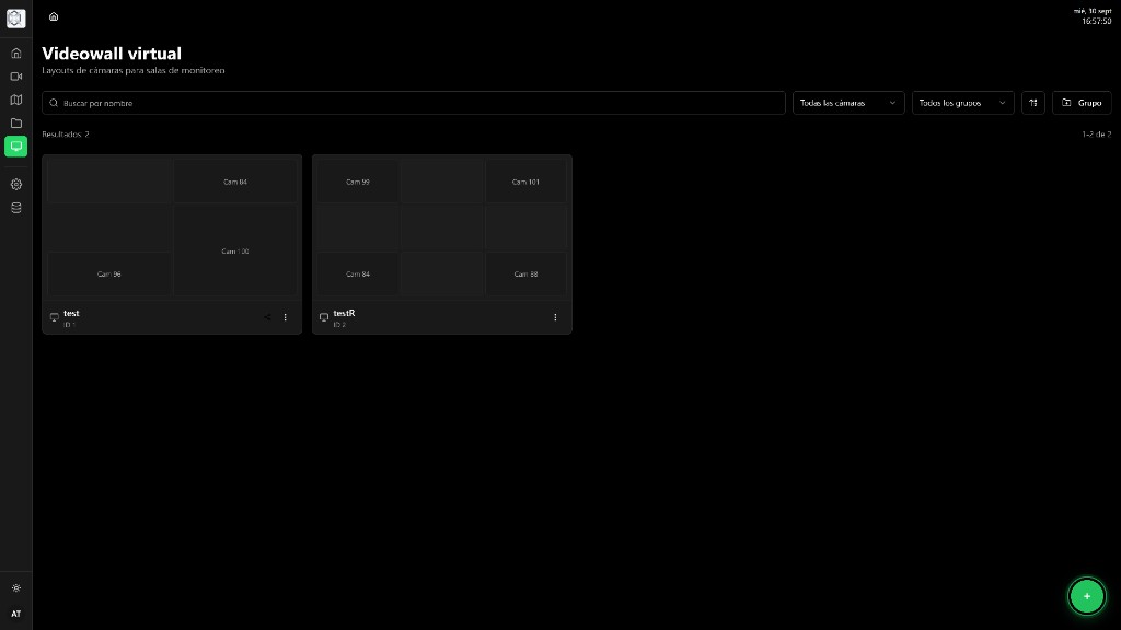 Listado de layouts con búsqueda, filtros, tarjetas de diseño y botón crear