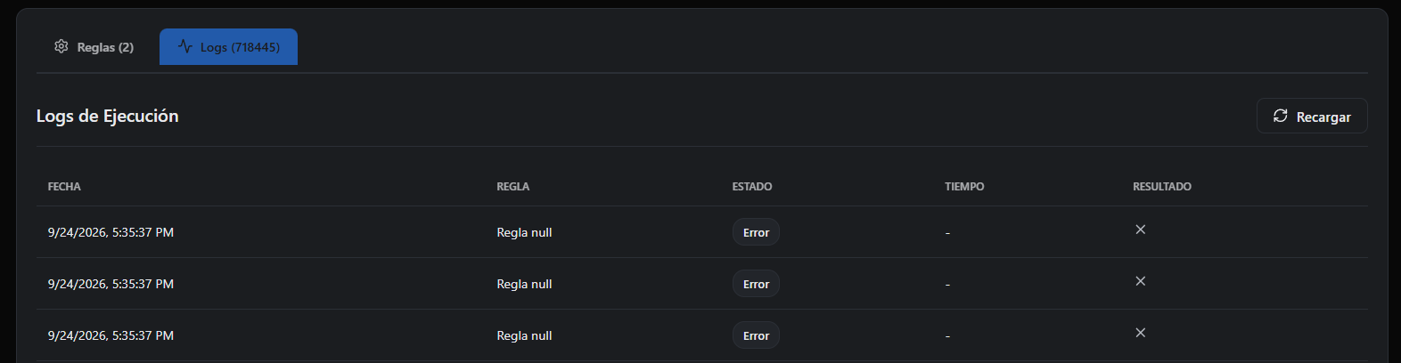 Logs de ejecución de reglas
