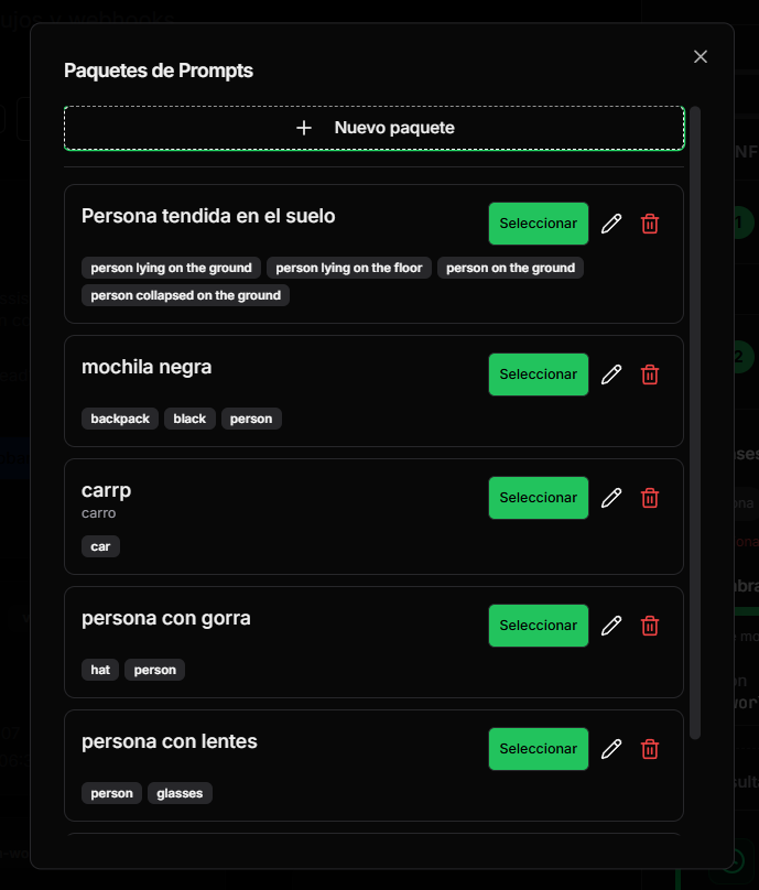 Diálogo Paquetes de Prompts con formulario y paquetes reutilizables