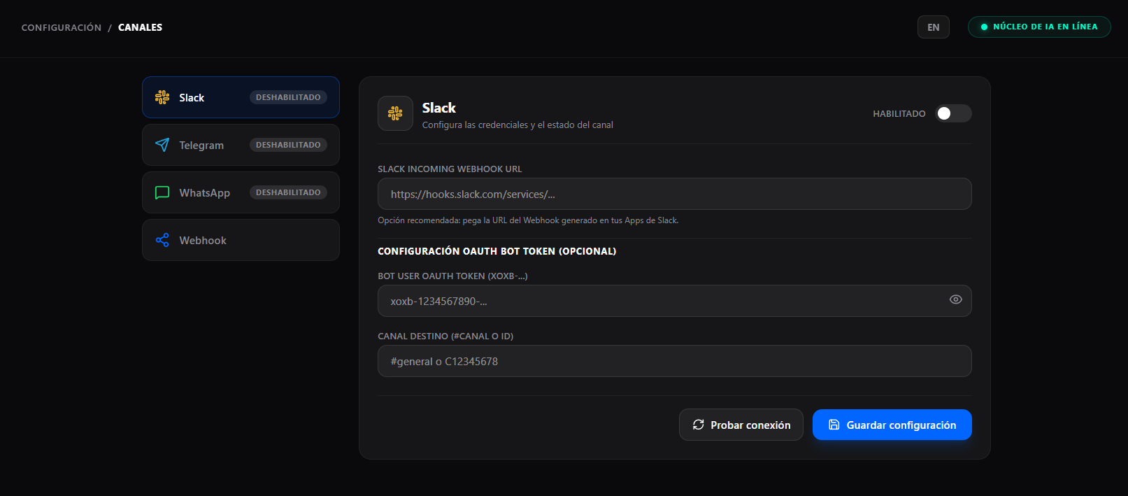 Configuración del canal Slack