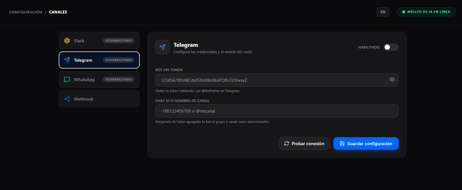 Configuración del canal Telegram