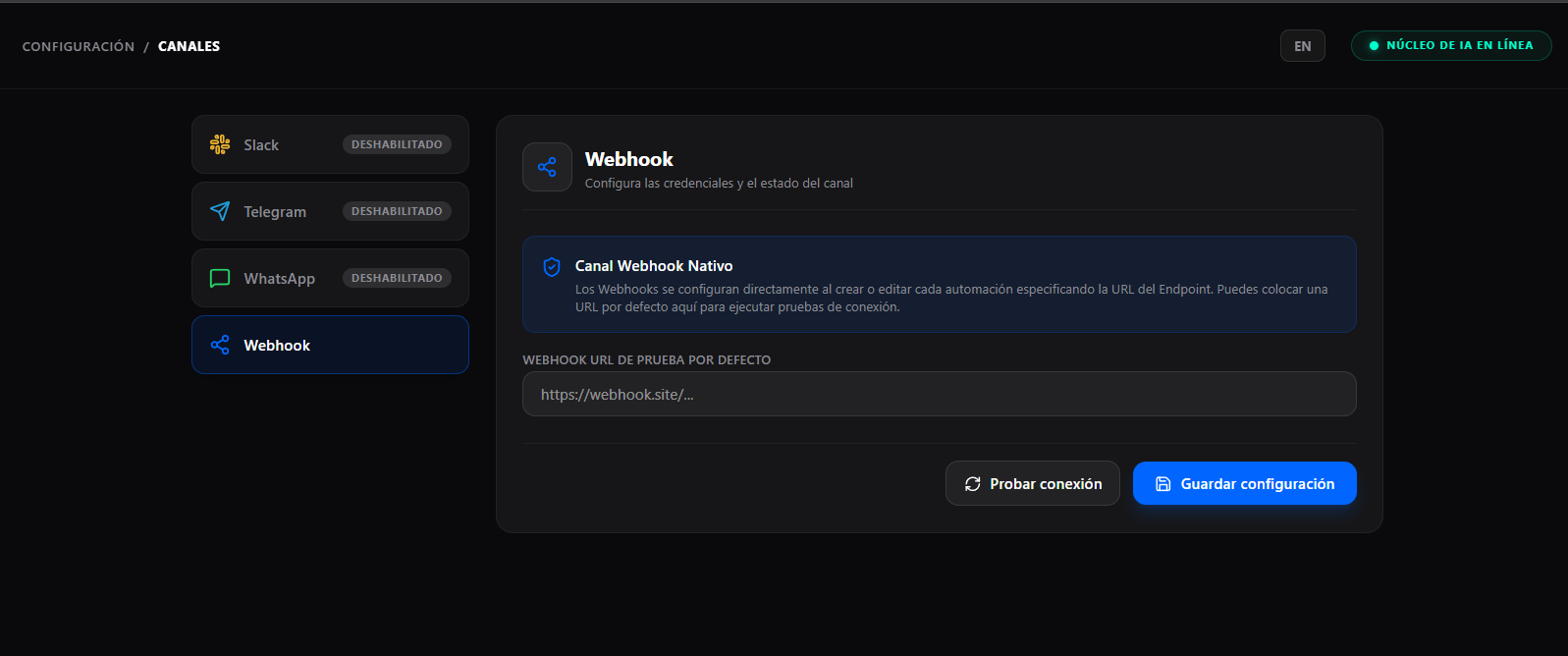Configuración y prueba del canal Webhook