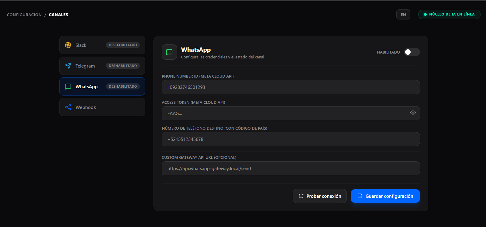 Configuración del canal WhatsApp